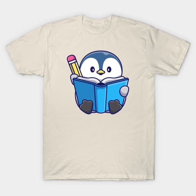 Cute Penguin Writing With Book And Pencil Cartoon T-Shirt by Catalyst Labs